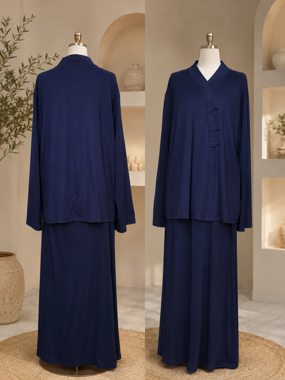 A navy blue two-piece outfit displayed on mannequins, showing both front and back views. The set includes a long-sleeve cropped jacket with three dark buttons on the front and a matching long skirt, set against a warm beige interior background.